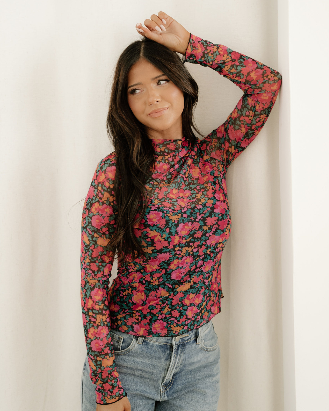 preorder summer slim Preorder Summer Slim Fit Floral Mesh Long Sleeve Mock Neck Top - Rose view 5 (top) - shop at us.meeeshop