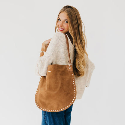 Pretty Simple Rosalie Rivet Suede Hobo Bag in Black