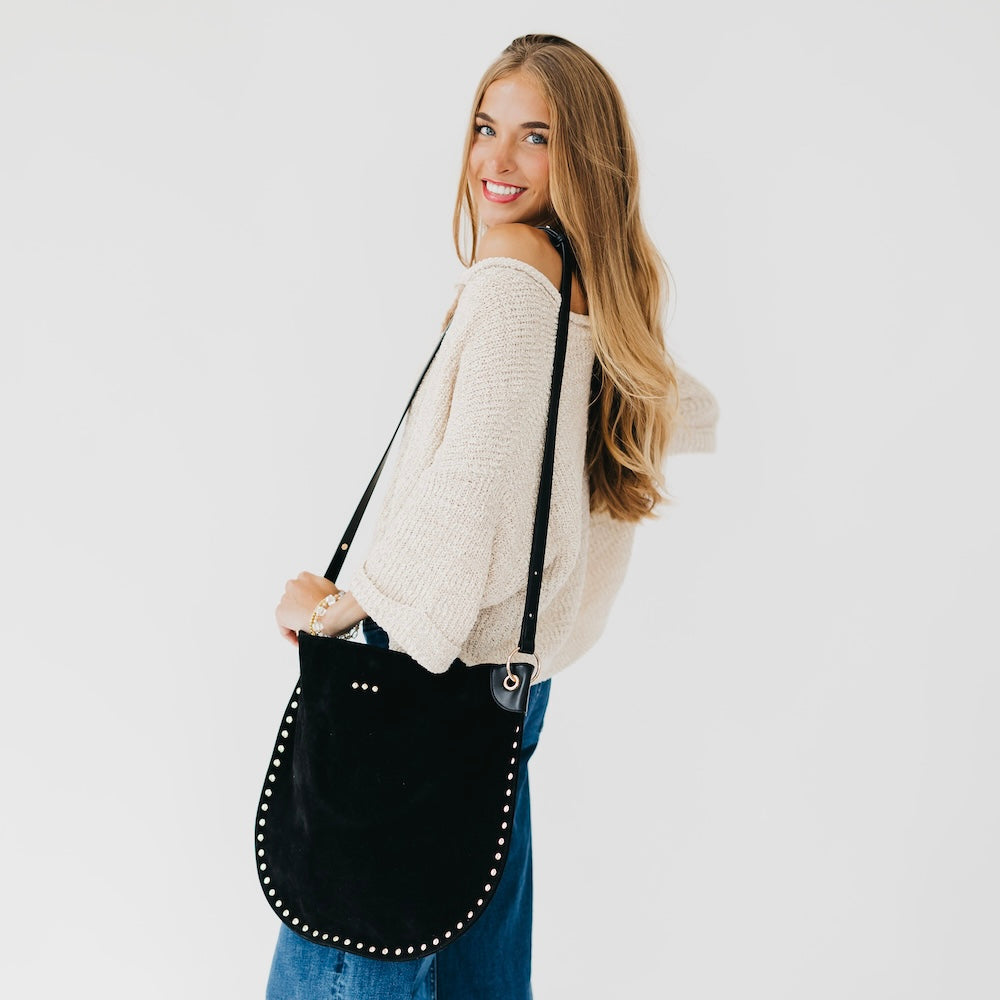 Pretty Simple Rosalie Rivet Suede Hobo Bag in Camel view 4