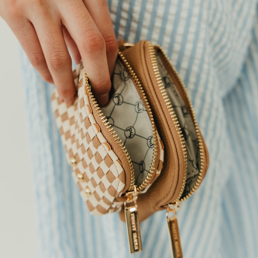 Pretty Simple Woven Cameron Double Zip Clippable Card Wallet in Checkered Tan view 3 (bag)