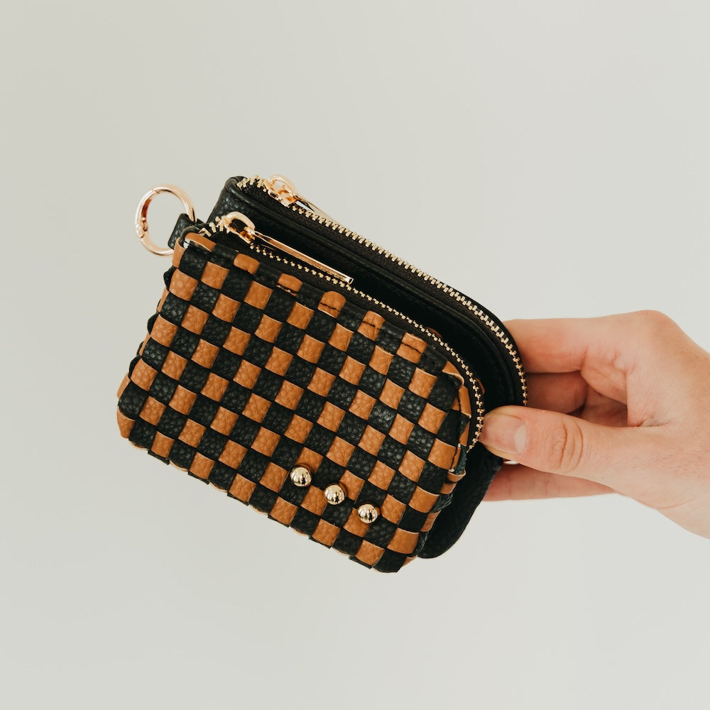 Pretty Simple Woven Cameron Double Zip Clippable Card Wallet in Checkered Coffee view 4 (bag)