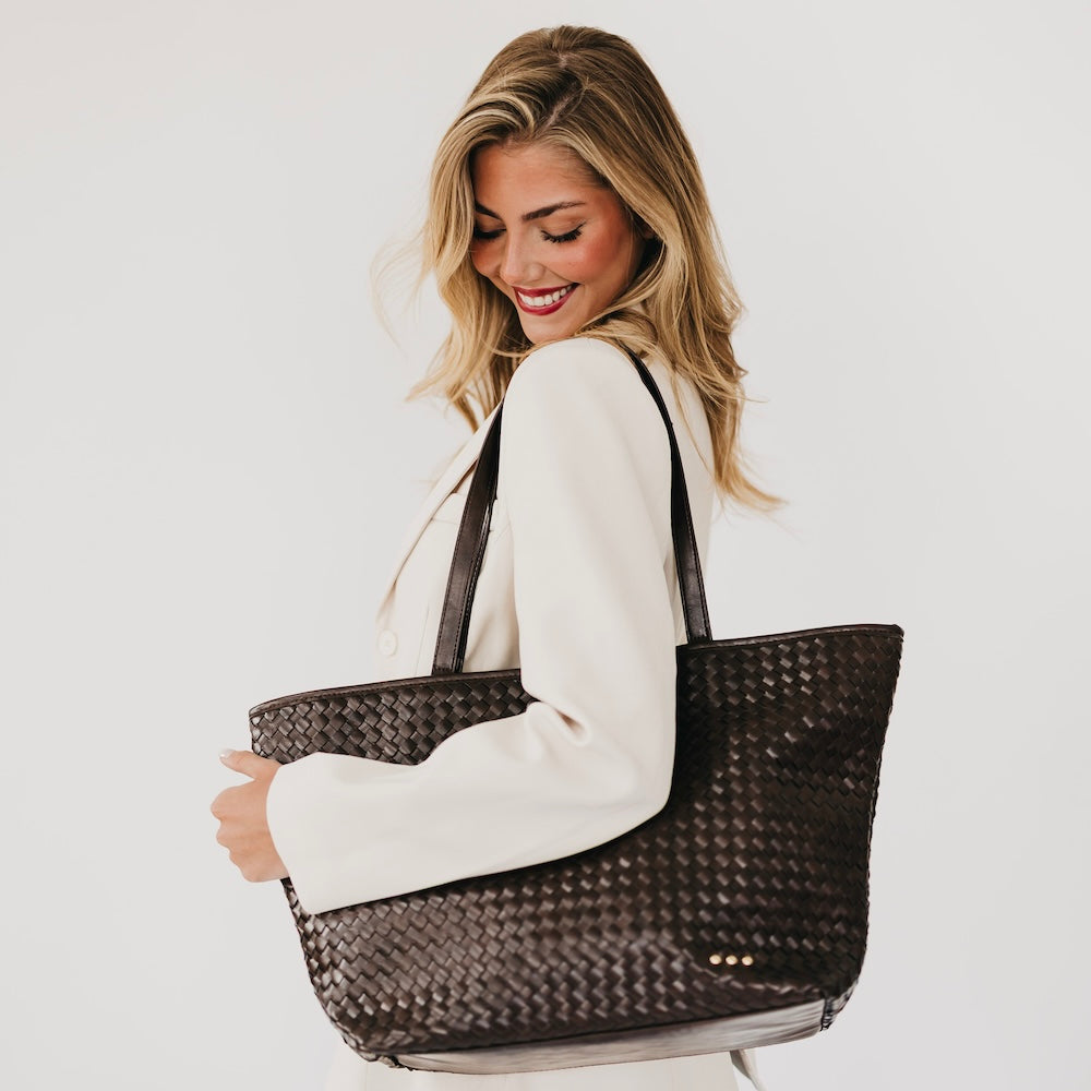 Pretty Simple Woven Tiffany Organizer Tote Bag in Checkered Coffee view 7 - Tiffany Woven Bag