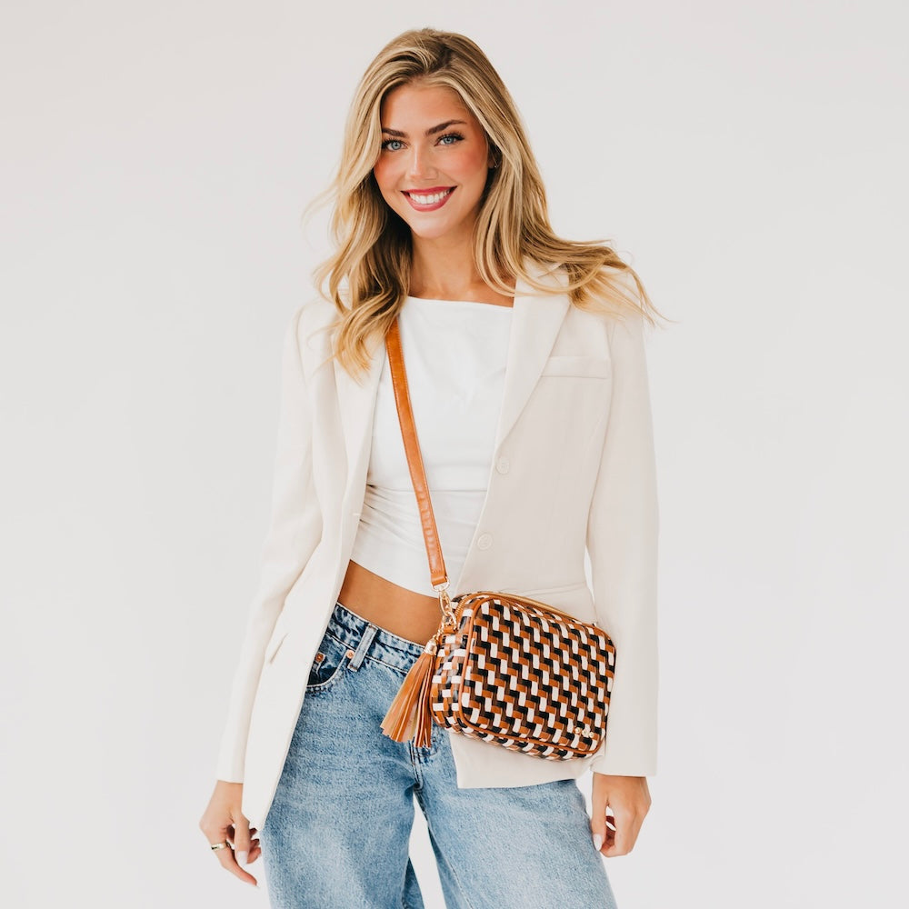 Pretty Simple Woven Willow Camera Crossbody Bag in Checkered Coffee - Woven Willow Bag