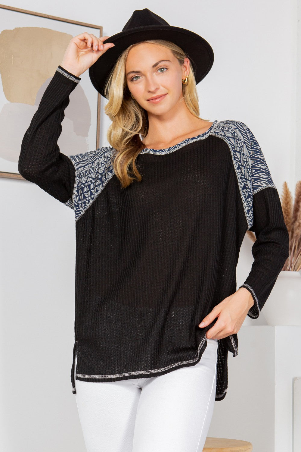 Print Contrast Waffle Top Black (top) - leopard print contrast top, contrast print bikini top, contrast - shop at us.meeeshop