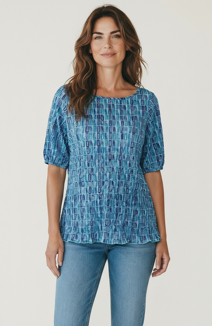 Printed Crinkle Bubble Sleeve Top in Mineral Cut view 4 - Cotton Traders Printed Crinkle Top