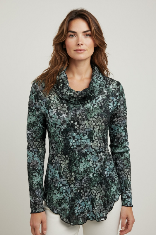 Printed Crinkle Cowl Neck Top in Collage - Cotton Traders Printed Crinkle Top