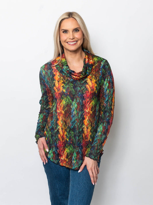 Printed Crinkle Cowl Neck Top in Collage view 2 - Cotton Traders Printed Crinkle Top