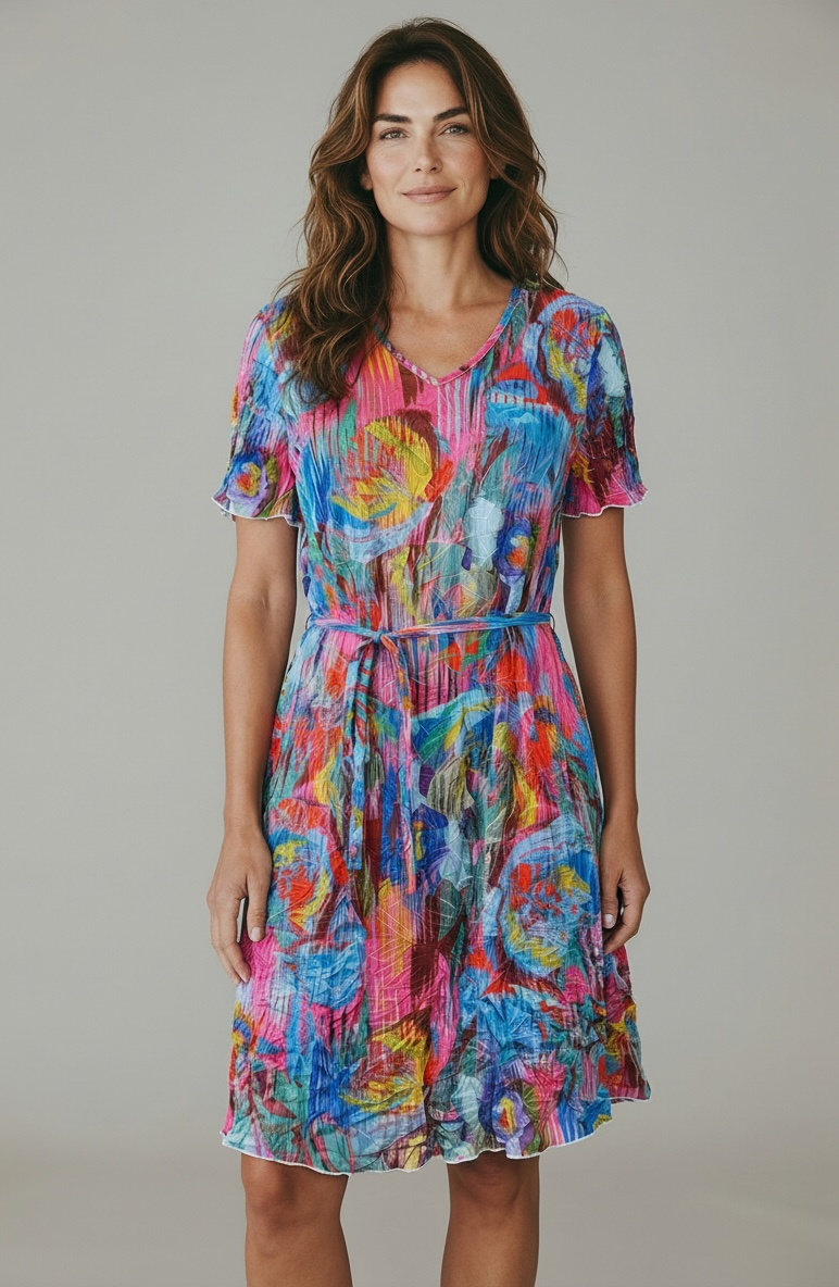 Printed Crinkle Tie Waist Dress - MeeeShop Women's Fashion