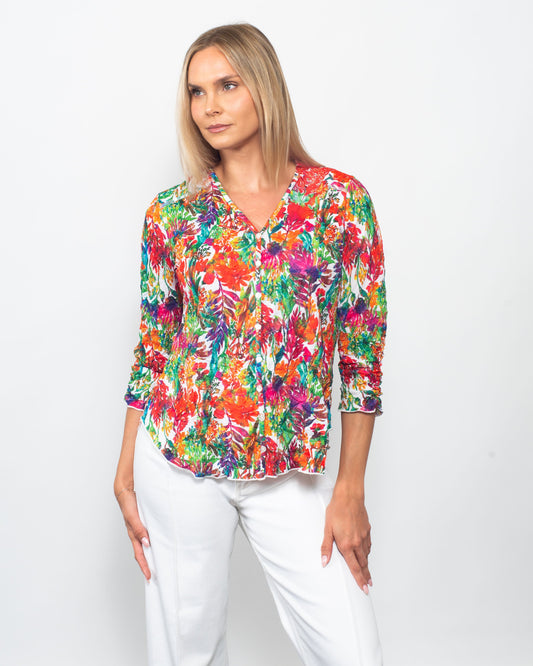 Printed Crinkle V-neck Button Shirt in Botanical Hour view 2 - Joanna Hope Printed Crinkle Shirt (top)