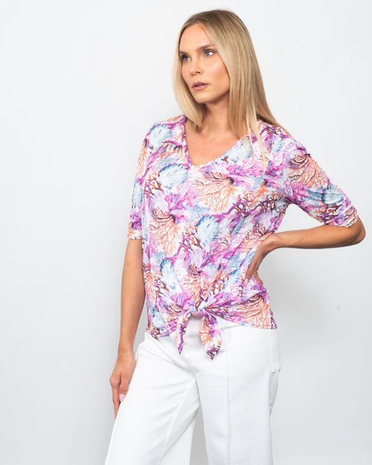 Printed Crinkle V-neck Tie Front Top in Seascape - Cotton Traders Printed Crinkle Top