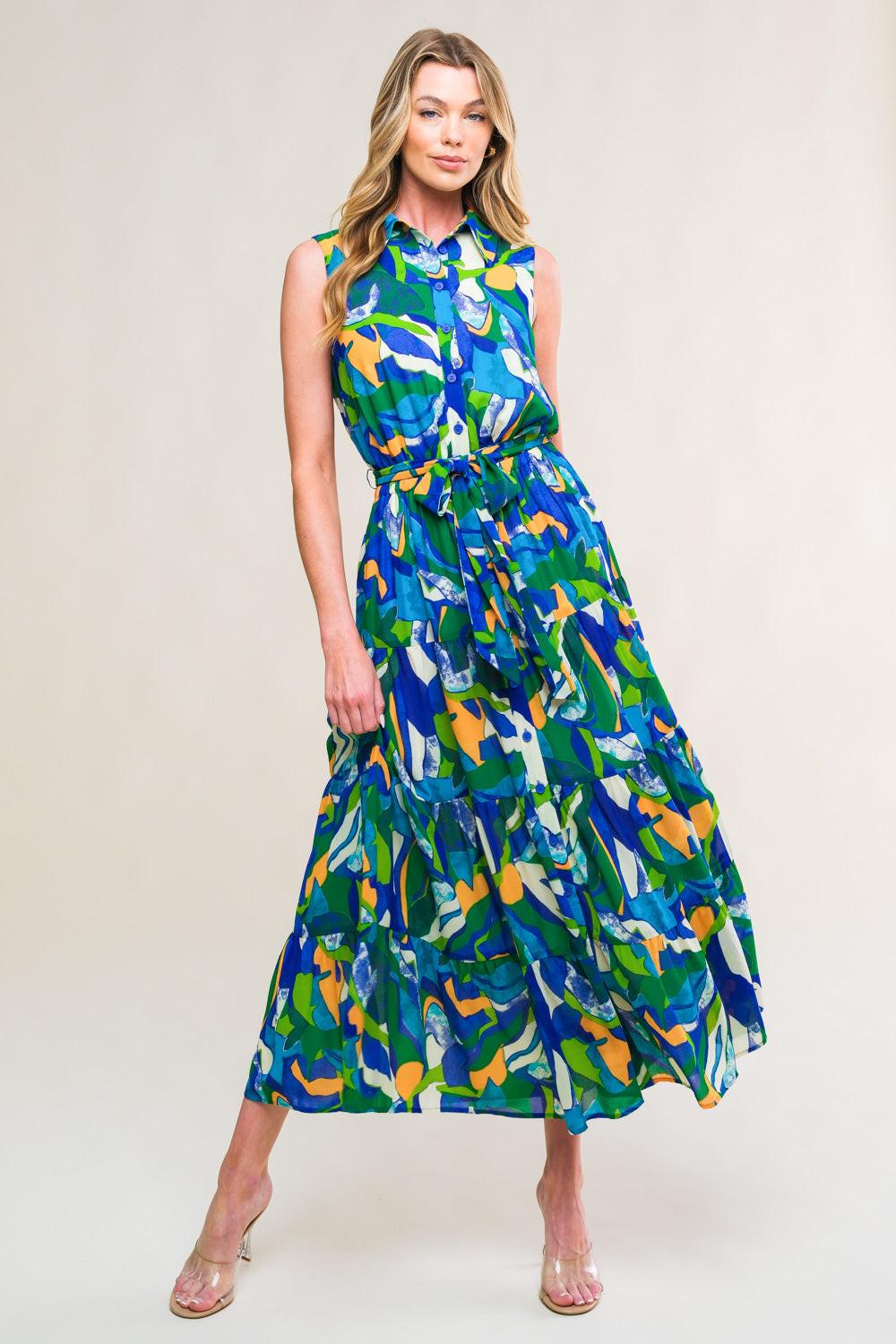 Pristine Chicness Woven Midi Dress in BLUE GREEN