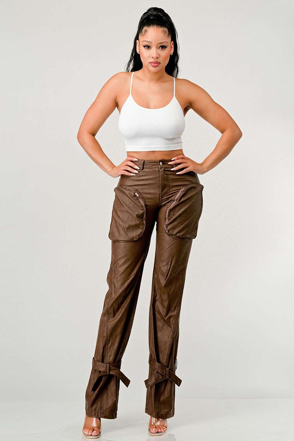 Pu Brown Cargo Pants - MeeeShop Women's Fashion