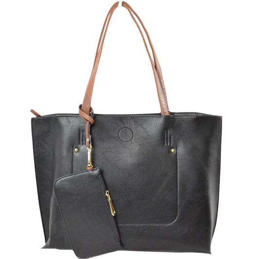 Pu Vegan Leather 2 in 1 Tote Crossbody Handbag in Black - Vegan Leather Tote Bag