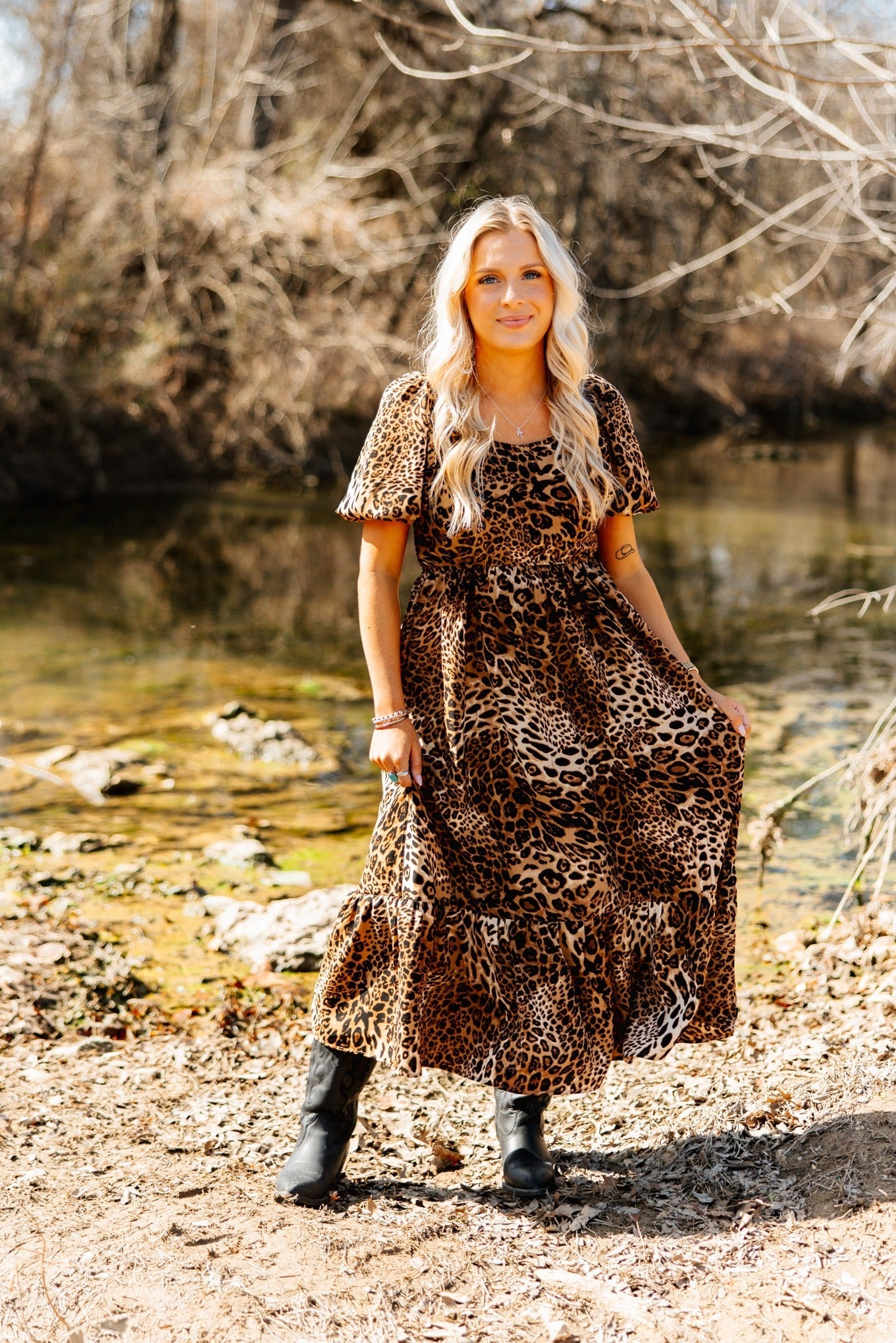 Puff Sleeve Midi Dress, Leopard in Leopard - Puff Midi Dress With Sleeves