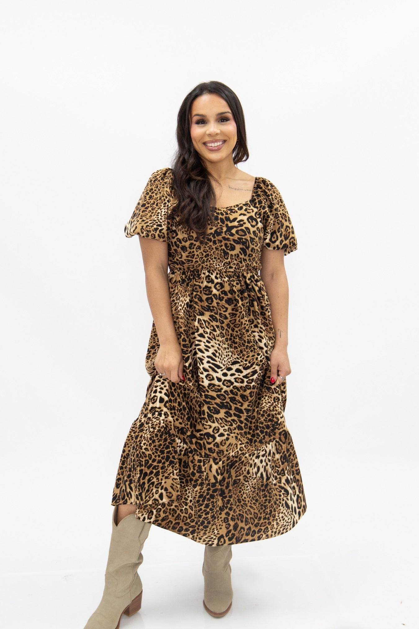 Puff Sleeve Midi Dress, Leopard in Leopard view 3 - Puff Midi Dress With Sleeves