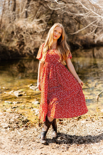 Puff Sleeve Midi Dress, Red Floral - MeeeShop Women's Fashion