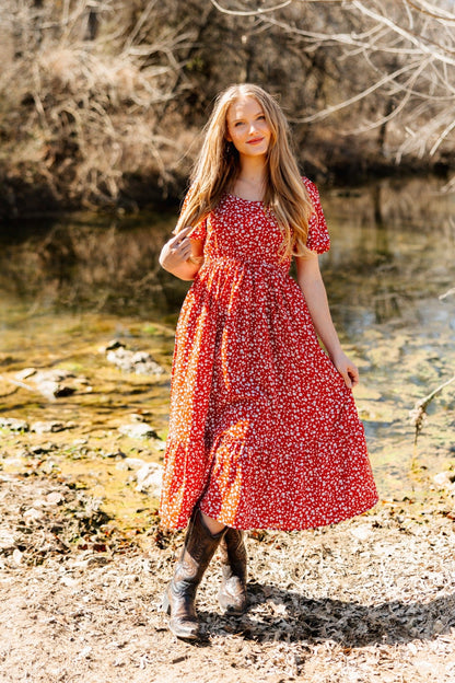 Puff Sleeve Midi Dress, Red Floral in Red - Puff Midi Dress With Sleeves