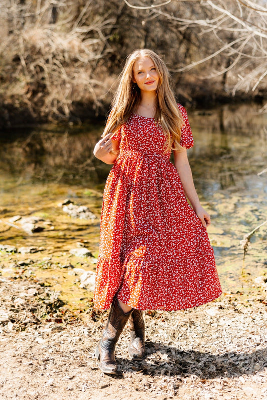 Puff Sleeve Midi Dress, Red Floral in Red - Puff Midi Dress With Sleeves