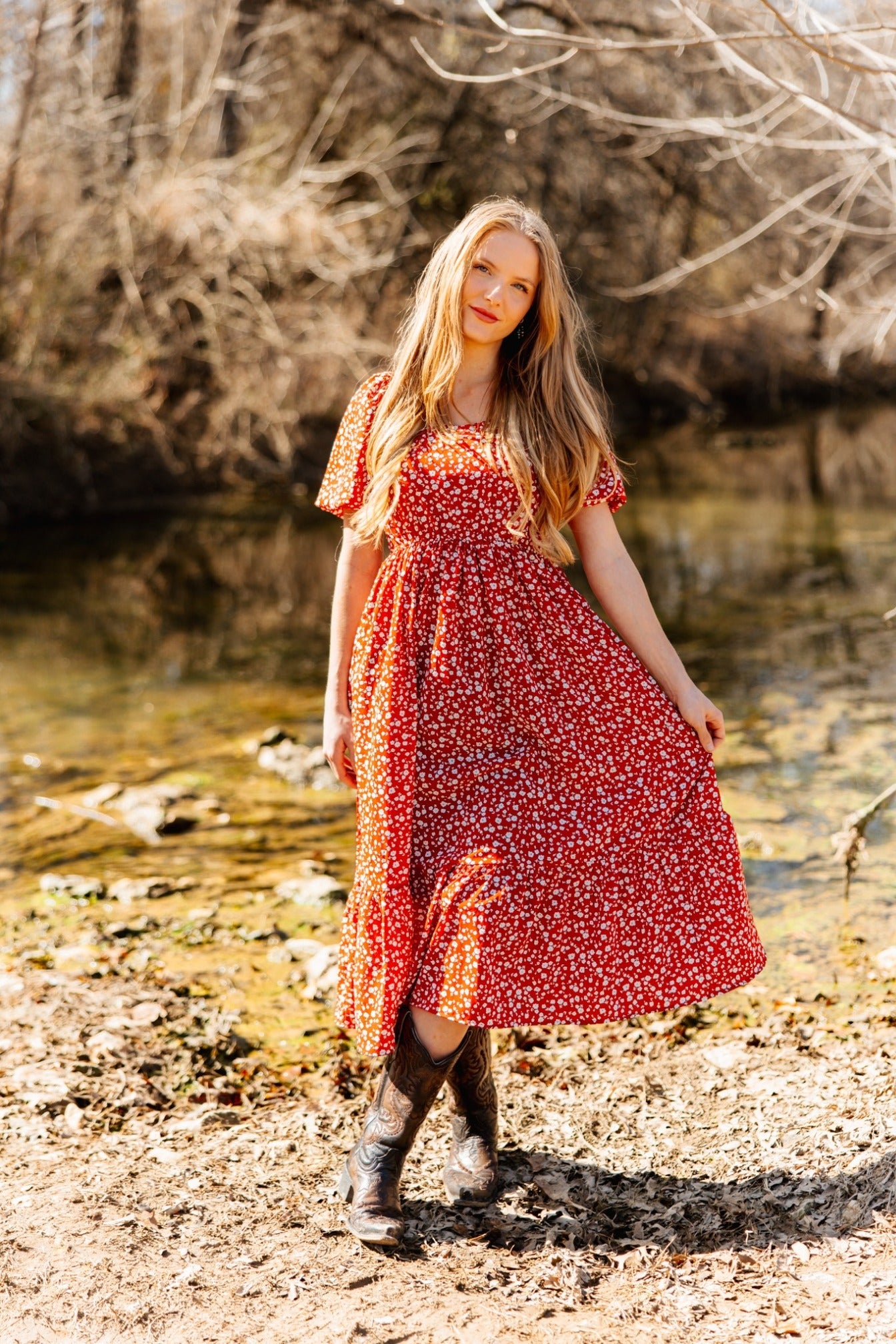 Puff Sleeve Midi Dress, Red Floral in Red view 2 - Puff Midi Dress With Sleeves