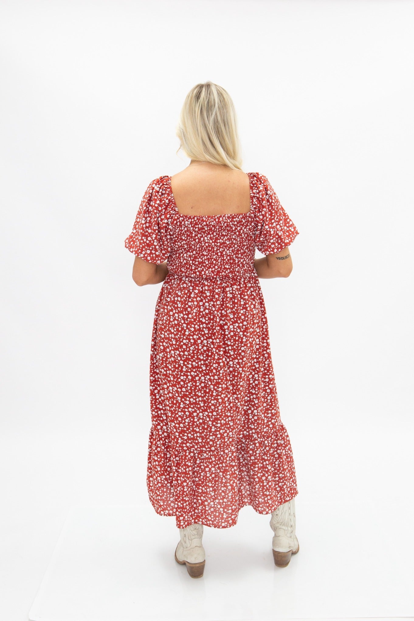 Puff Sleeve Midi Dress, Red Floral in Red view 4 - Puff Midi Dress With Sleeves