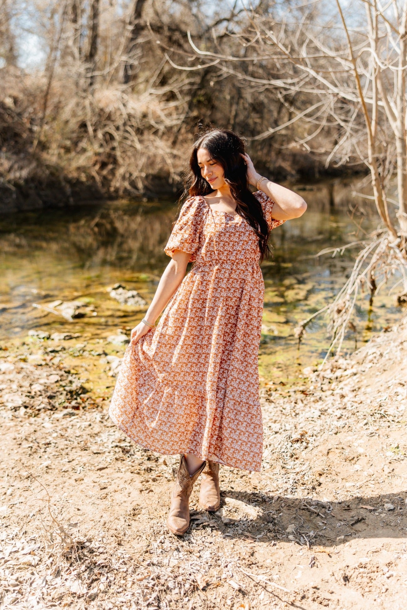 Puff Sleeve Midi Dress, Rust Floral in Rust - Puff Midi Dress With Sleeves