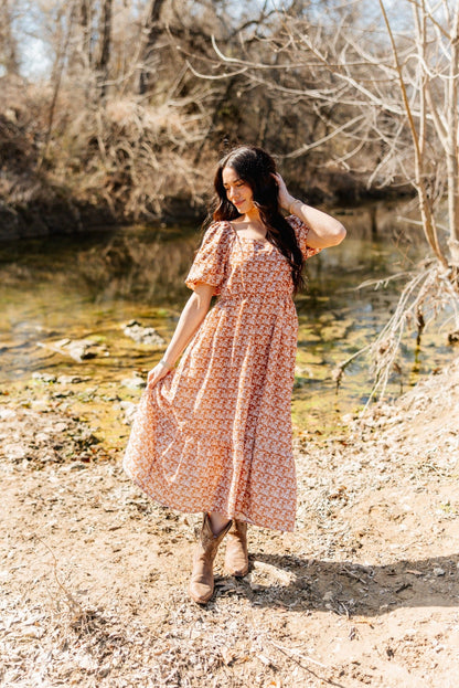 Puff Sleeve Midi Dress, Rust Floral in Rust - Puff Midi Dress With Sleeves