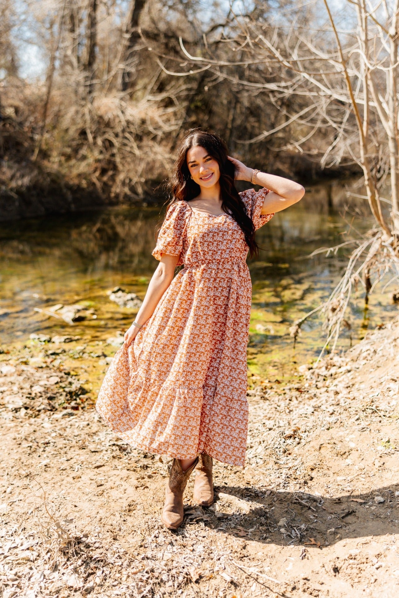 Puff Sleeve Midi Dress, Rust Floral in Rust view 2 - Puff Midi Dress With Sleeves