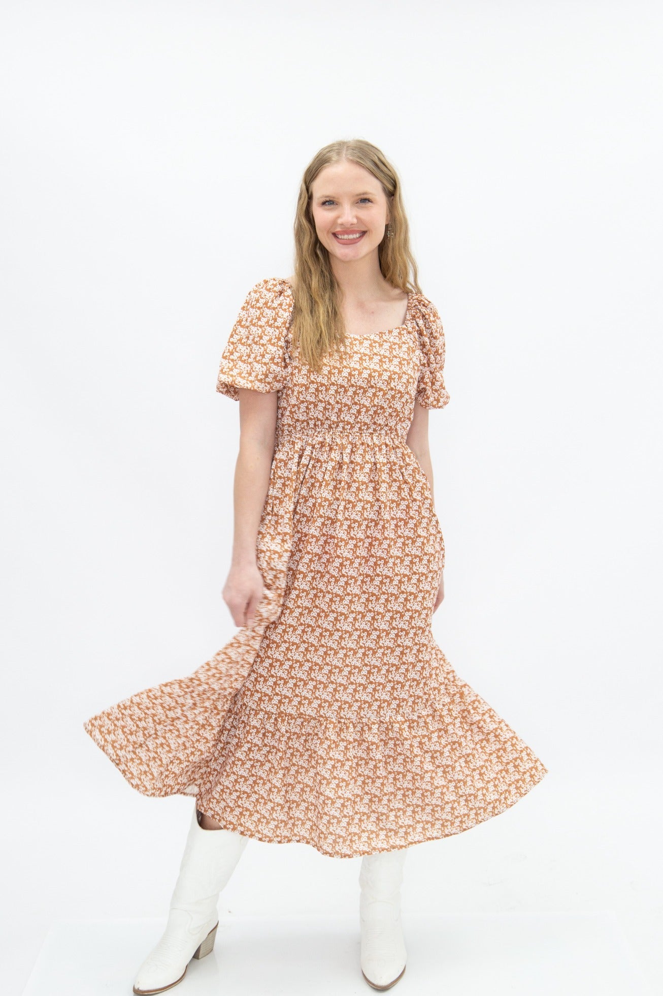 Puff Sleeve Midi Dress, Rust Floral in Rust view 3 - Puff Midi Dress With Sleeves