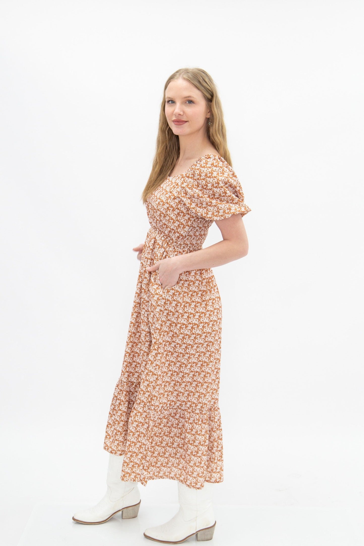 Puff Sleeve Midi Dress, Rust Floral in Rust view 4 - Puff Midi Dress With Sleeves