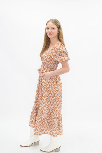 Puff Sleeve Midi Dress, Rust Floral in Rust view 4 - Puff Midi Dress With Sleeves