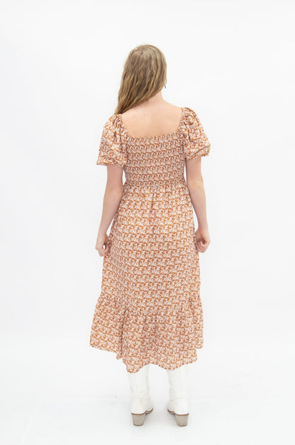 Puff Sleeve Midi Dress, Rust Floral in Rust view 5 - Puff Midi Dress With Sleeves