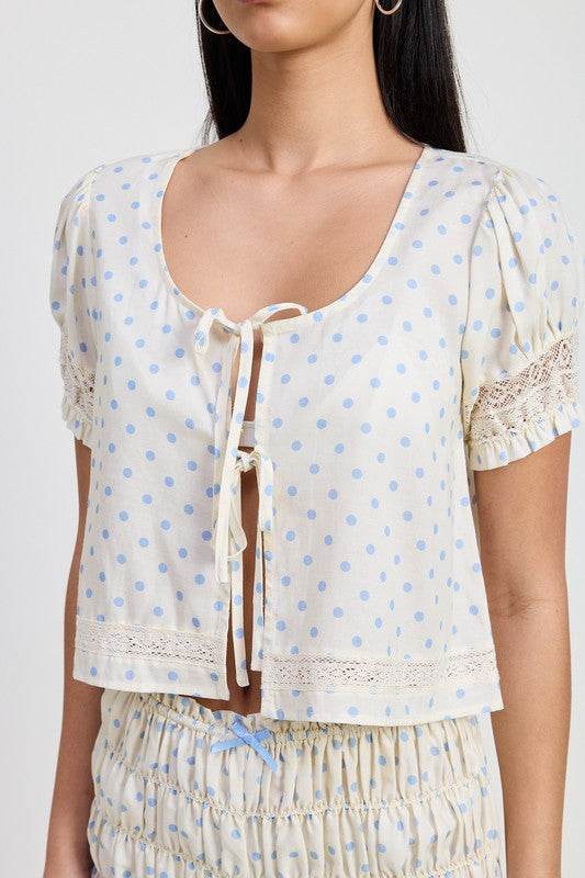 Puff Sleeve Tie Front Top - us.meeeshop