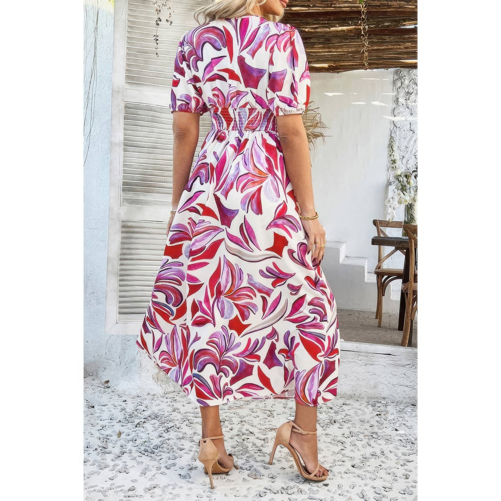 Puff Sleeves V Neck Floral Printed Midi Dress in Red view 4 - Floral Puff Dress For Women