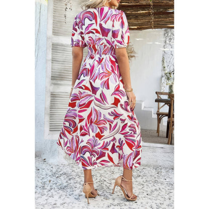 Puff Sleeves V Neck Floral Printed Midi Dress in Red view 4 - Floral Puff Dress For Women