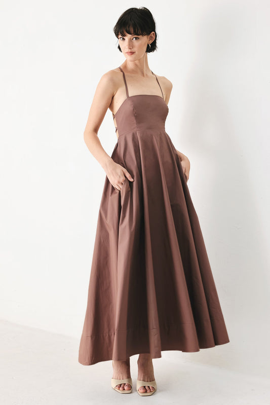 Pure Line Woven Midi Dress in COCOA - Pure Cotton A Line Dress
