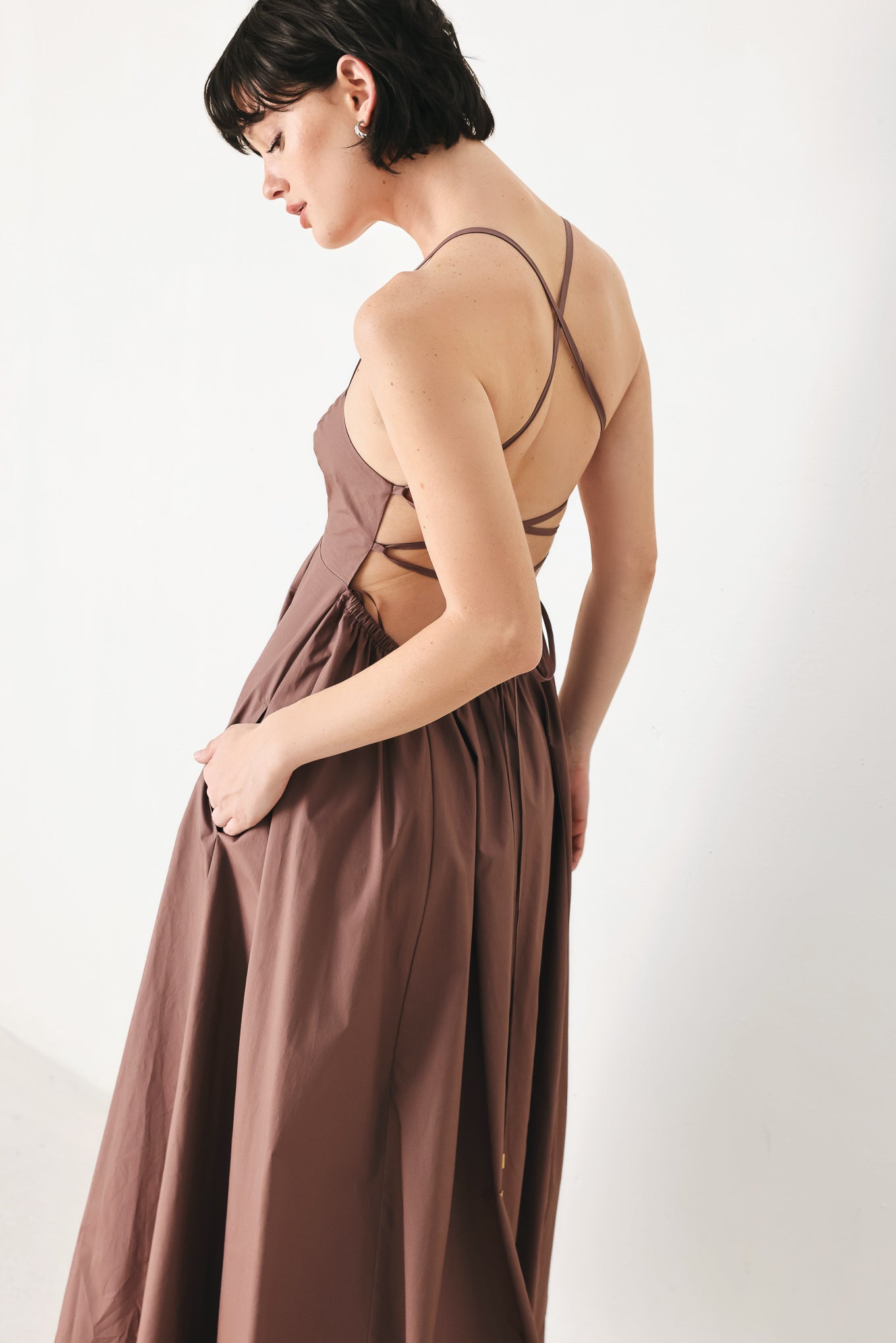 Pure Line Woven Midi Dress in COCOA view 3 - Pure Cotton A Line Dress