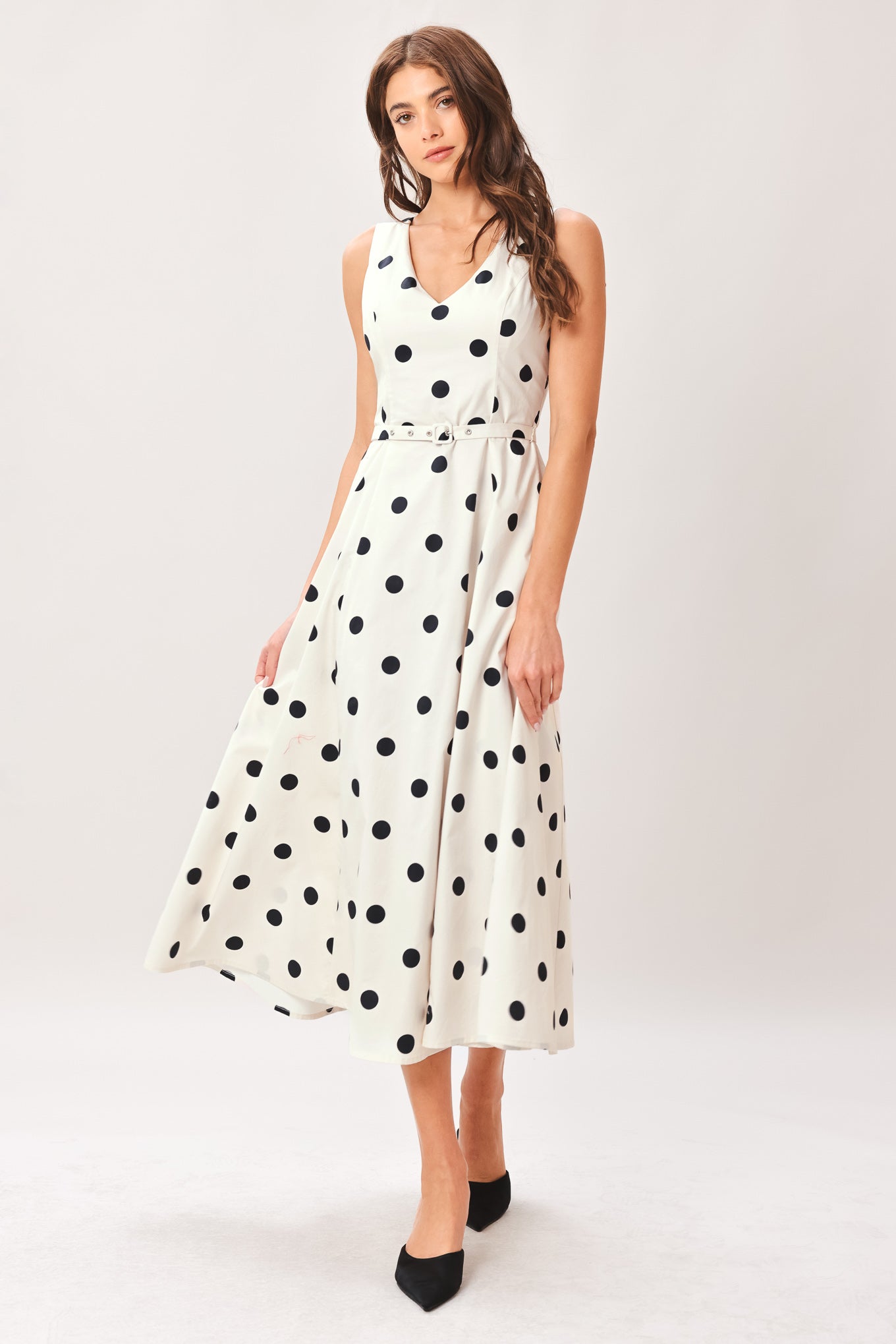 Pure Polka Woven Midi Dress in IVORY - Pol Dress