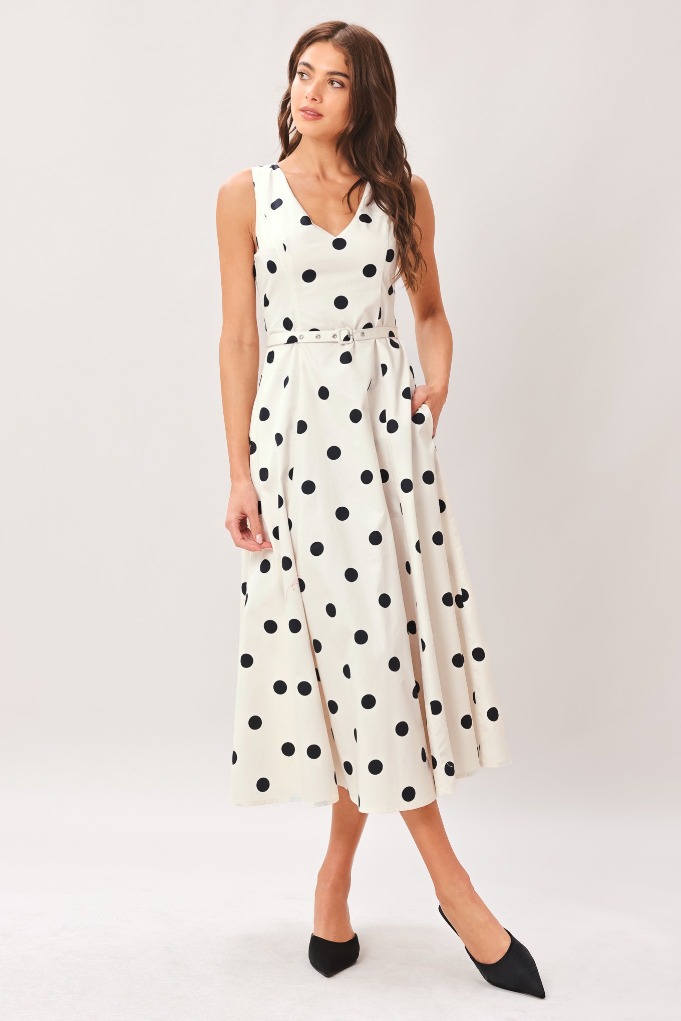 Pure Polka Woven Midi Dress in IVORY view 3 - Pol Dress
