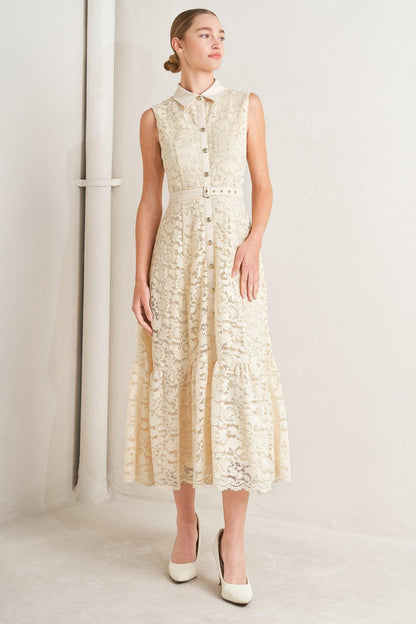Purely Romantic Woven Lace Midi Dress in CREAM