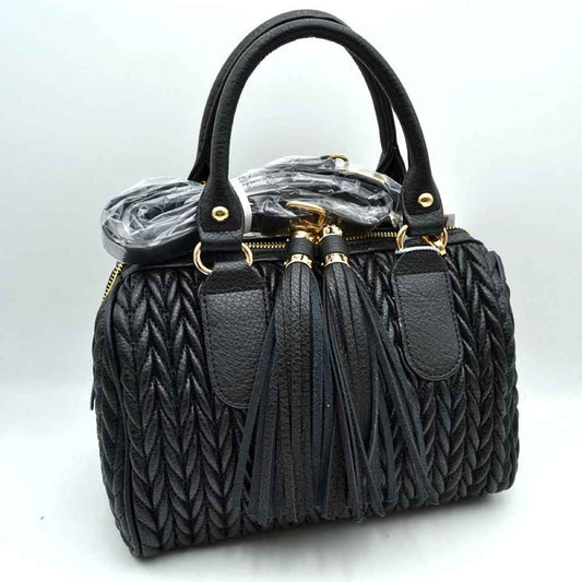 Quilted Chevron Satchel Handbag | Textured Top-handle Crossbody Purse in Black - Quilted Chevron Bag