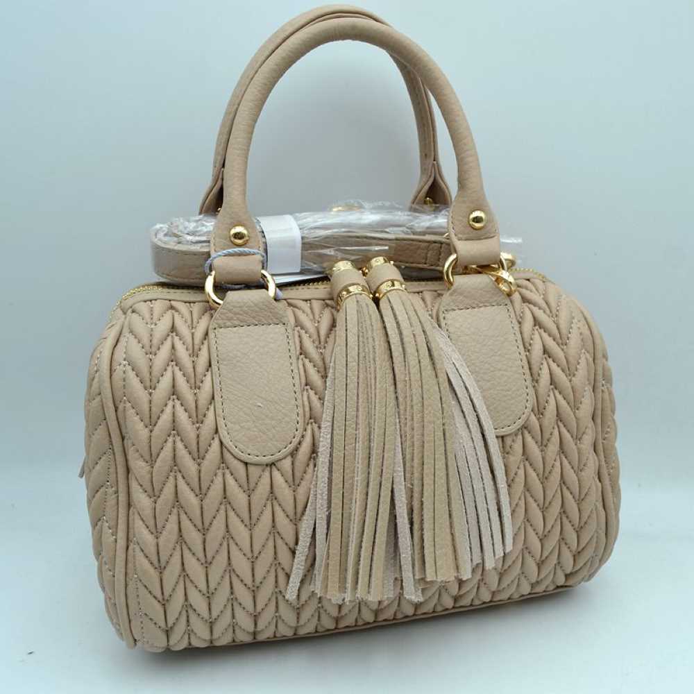 Quilted Chevron Satchel Handbag | Textured Top-handle Crossbody Purse in Stone view 7 - Quilted Chevron Bag