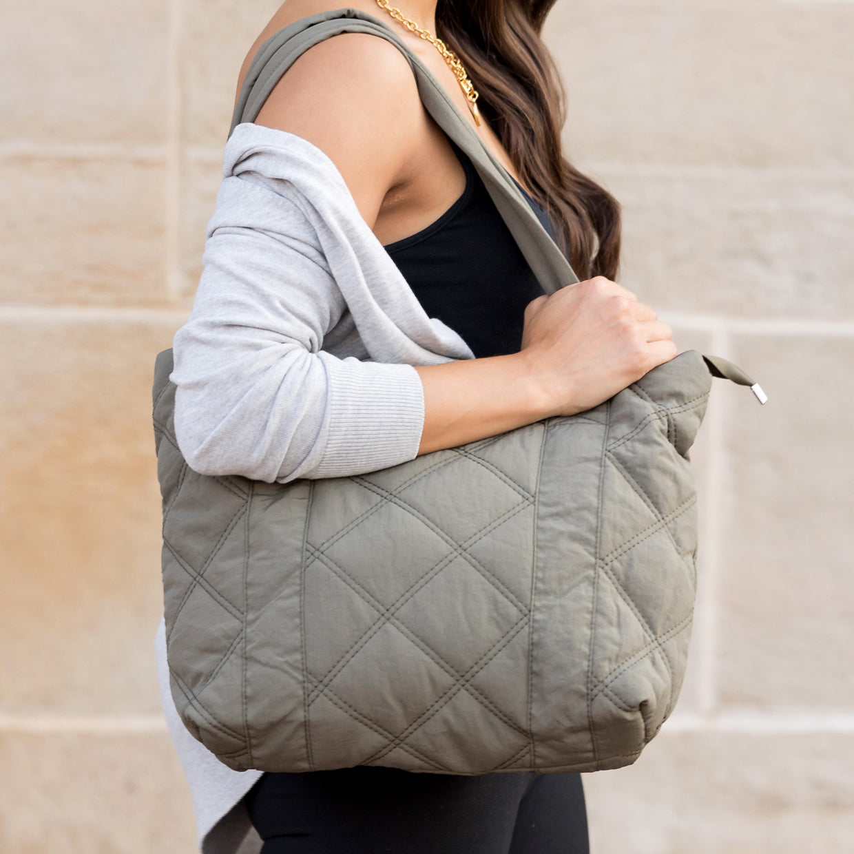 Quilted Tote in Black view 2 - Quilted Tote Bag