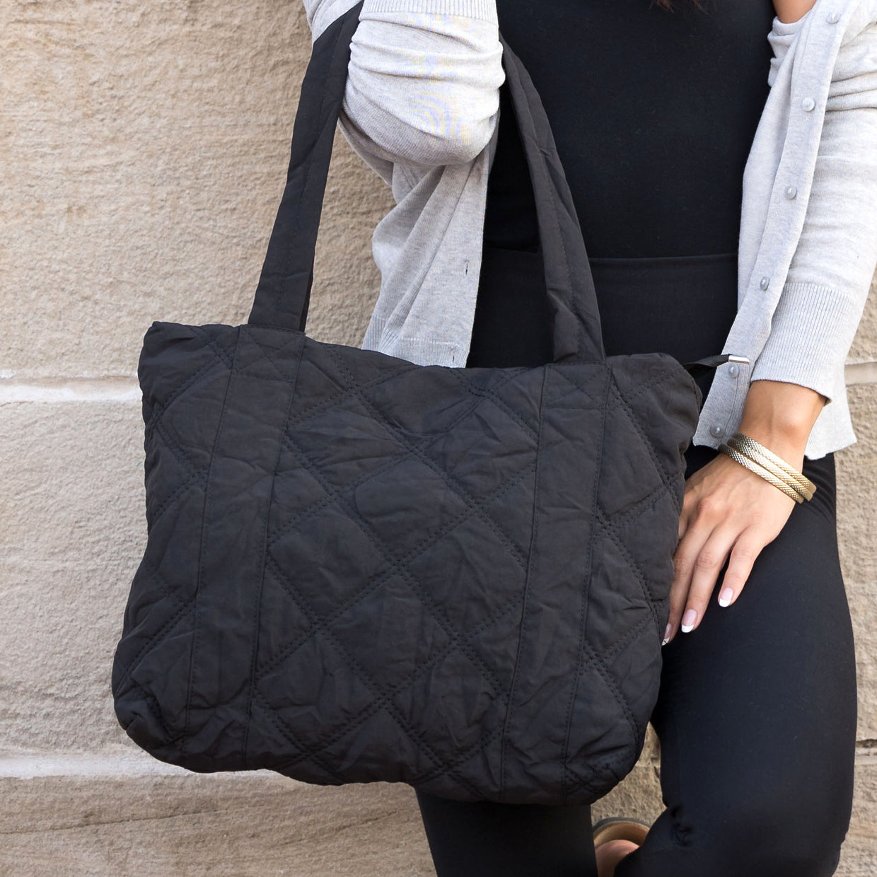 Quilted Tote in Gray view 3 - Quilted Tote Bag