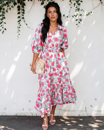 Red Elegant Floral Puff Sleeve Midi Dress in S - Red Elegant Dresses For Women