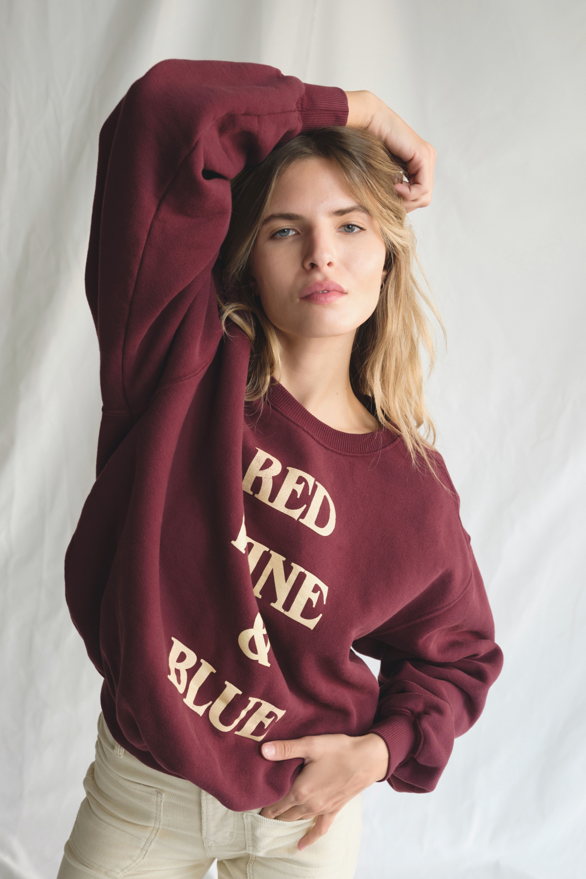 Red Wine & Blue Crewneck Pullover Top in S view 2 - Wine Red Pullover Women