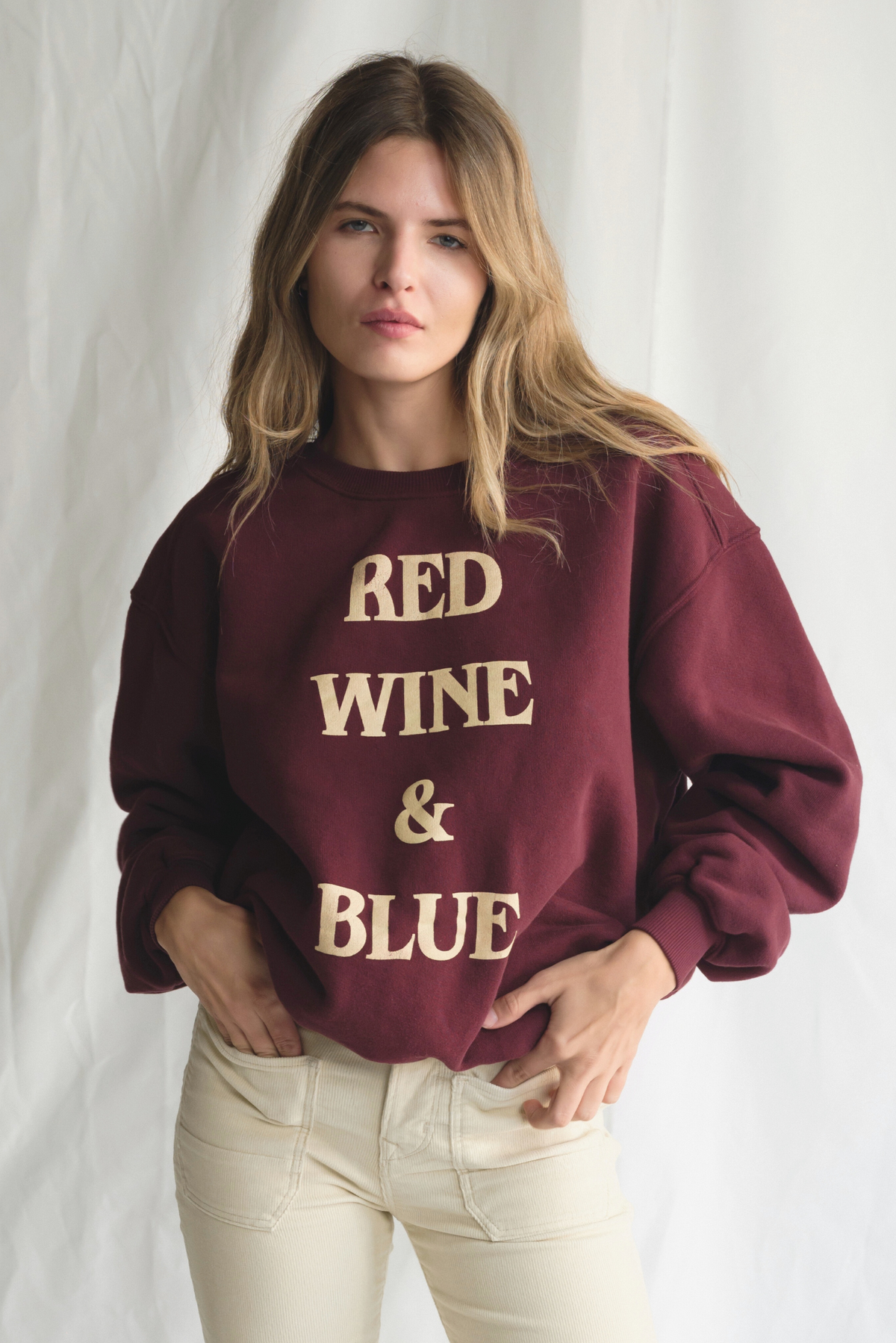 Red Wine & Blue Crewneck Pullover Top in XS - Wine Red Pullover Women