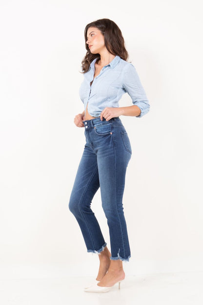 Refined Heights Corset Double Waistband Straight Frayed Hem Jeans in 5 (26) view 3 (bottom)