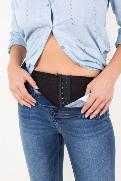 Refined Heights Corset Double Waistband Straight Frayed Hem Jeans in 11 (29) view 6 (bottom)