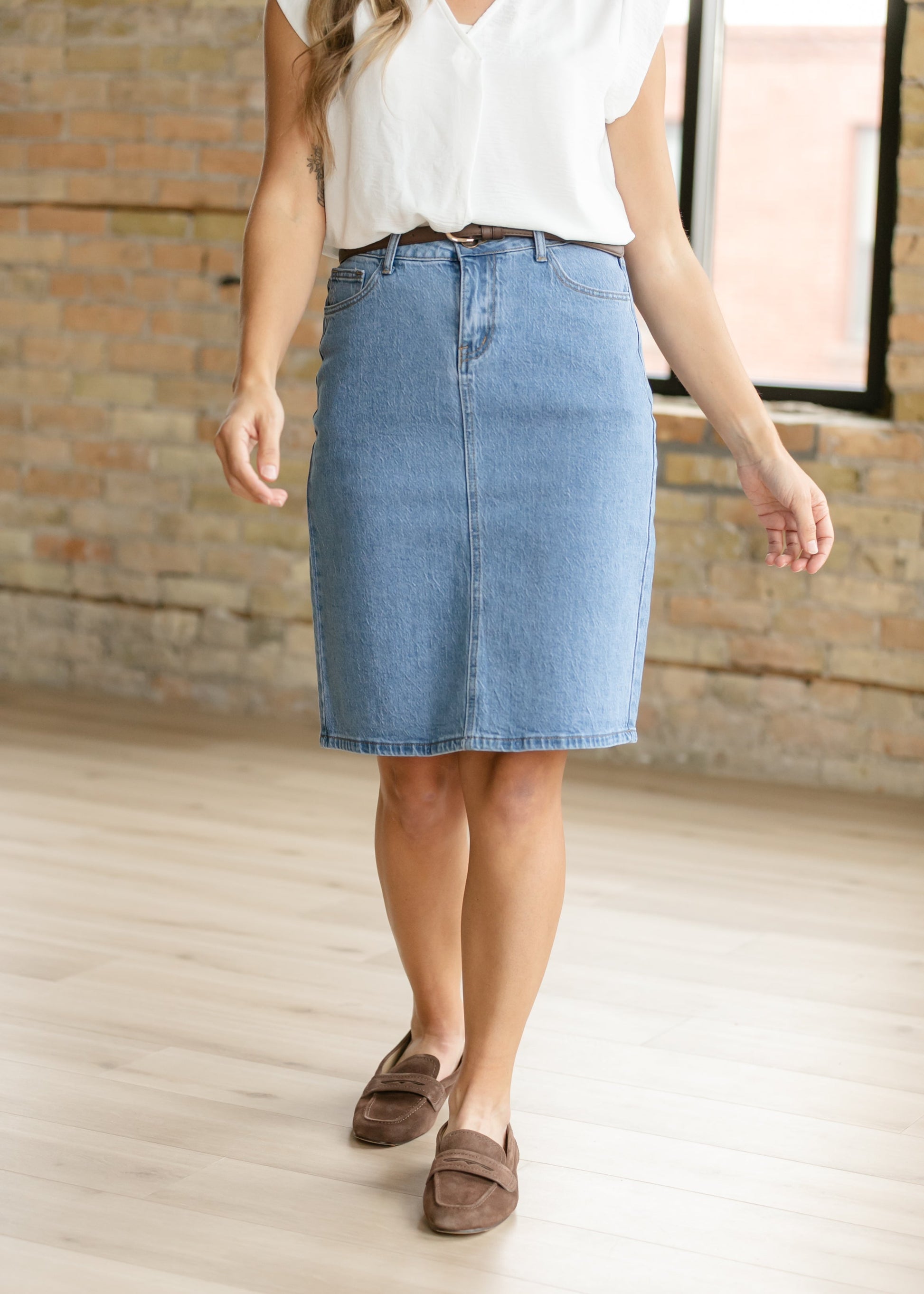 Remi Denim Classic Wash Midi Skirt in 24" view 8 - Remi Bader Denim Skirt (dress)