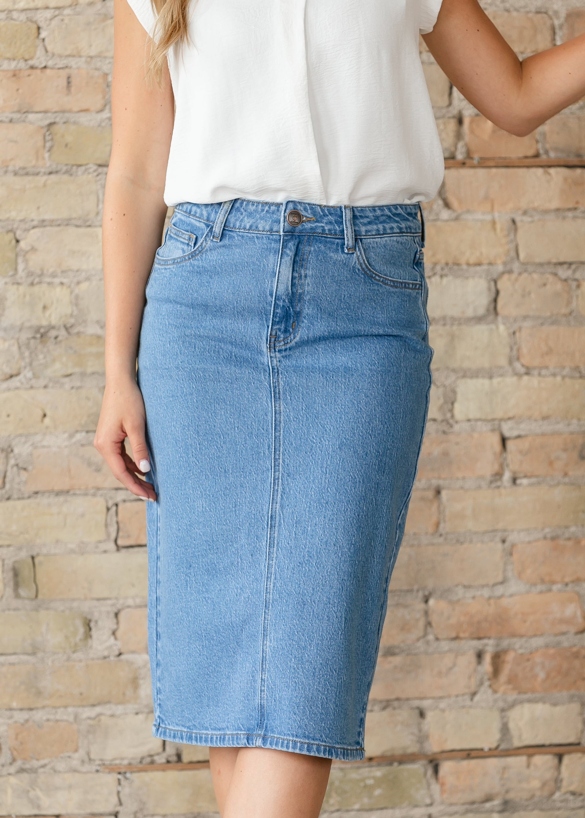 Remi Denim Classic Wash Midi Skirt in 28" view 20 - Remi Bader Denim Skirt (dress)